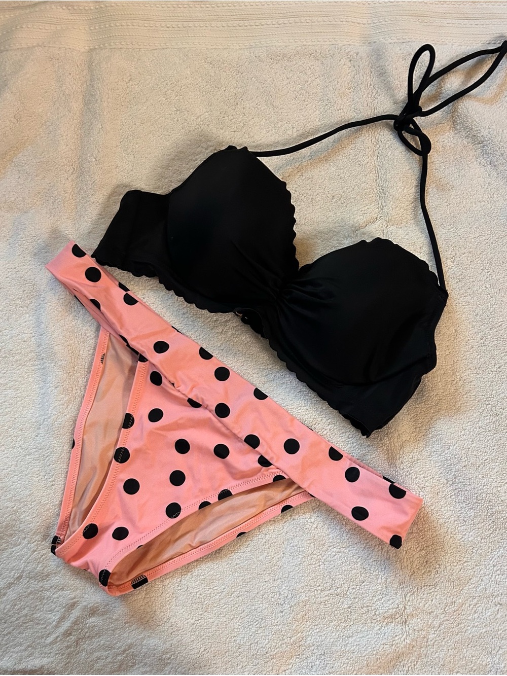 Victoria's Secret Black Halter Bikini Top with Pink Polka Dot Bottoms